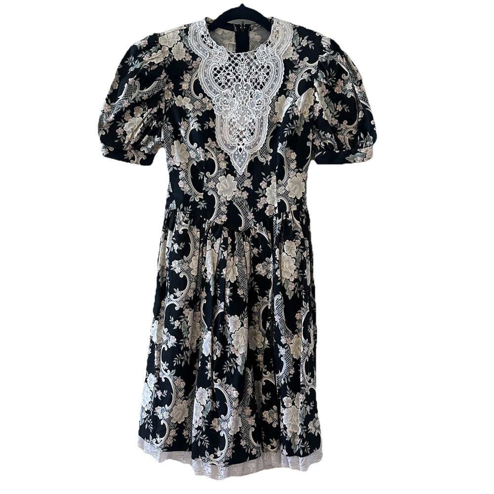 Vintage Gunne Sax Girls Dress Cottagecore Prairie Floral Lace Trim Dressy Sz 10